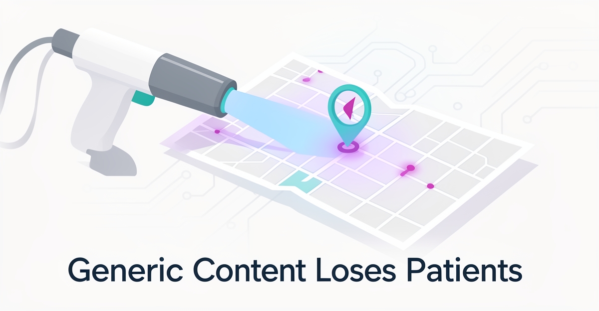 A minimalist flat illustration of a medical laser targeting a local clinic on a digital map, symbolizing localized SEO for laser clinics, with brand-colored accents and a headline overlay.