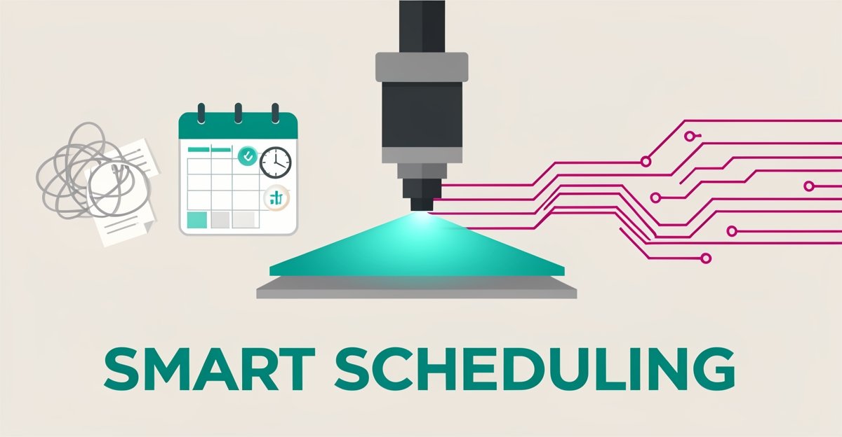 Flat illustration of a laser cutter with a calendar transforming from paper notes into AI-powered digital scheduling lines in teal and magenta.