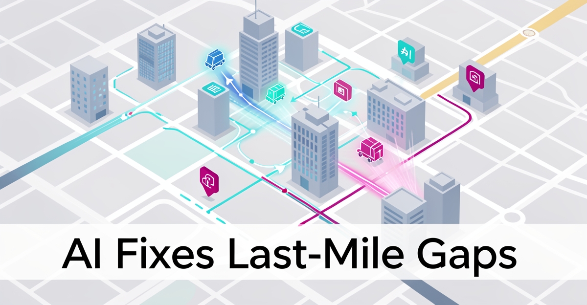 A minimalist flat illustration showing AI-optimized urban delivery routes with glowing paths and dynamic icons, highlighting how AI resolves missed last-mile orders in cities.