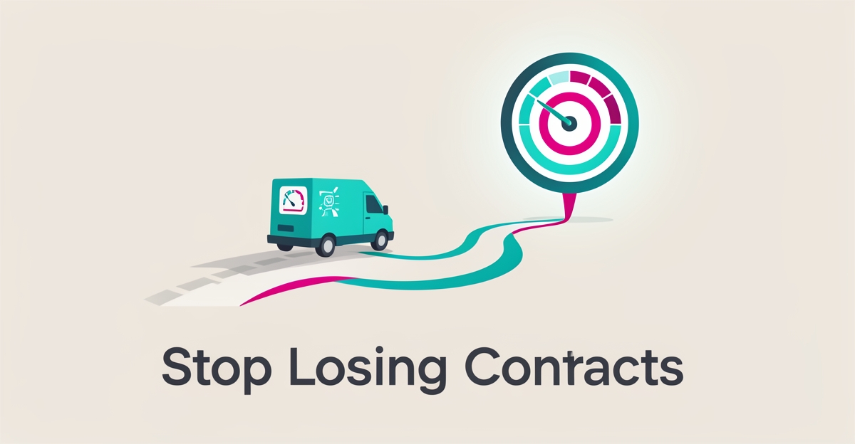 Flat illustration of a delivery van following a route toward a target, symbolizing fixing lead qualification for last-mile delivery websites.