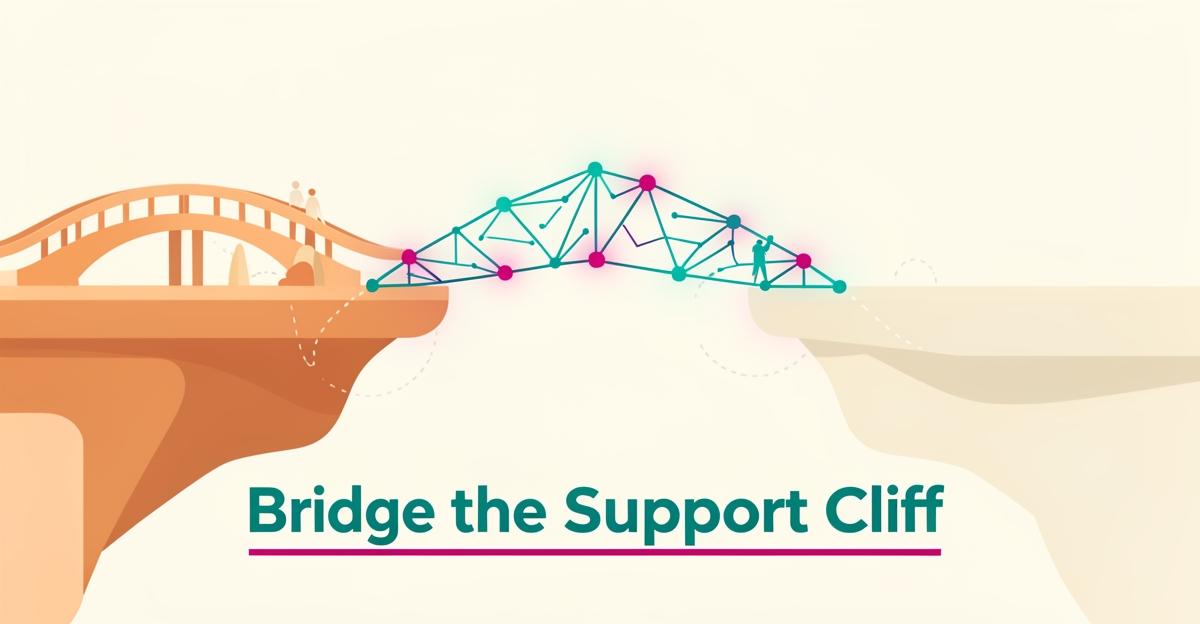 Flat illustration of a glowing teal and magenta digital bridge spanning a support gap between two platforms, symbolizing AI-driven family engagement.