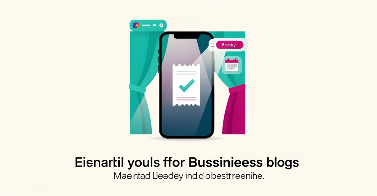 Flat illustration of a smartphone with a theater ticket and booking elements in teal and magenta, symbolizing seamless online ticket sales.