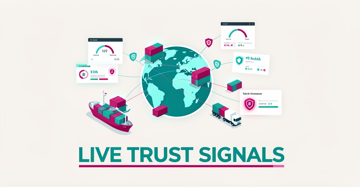 Flat illustration of a logistics network with live tracking and security trust signals, accented in teal and magenta.