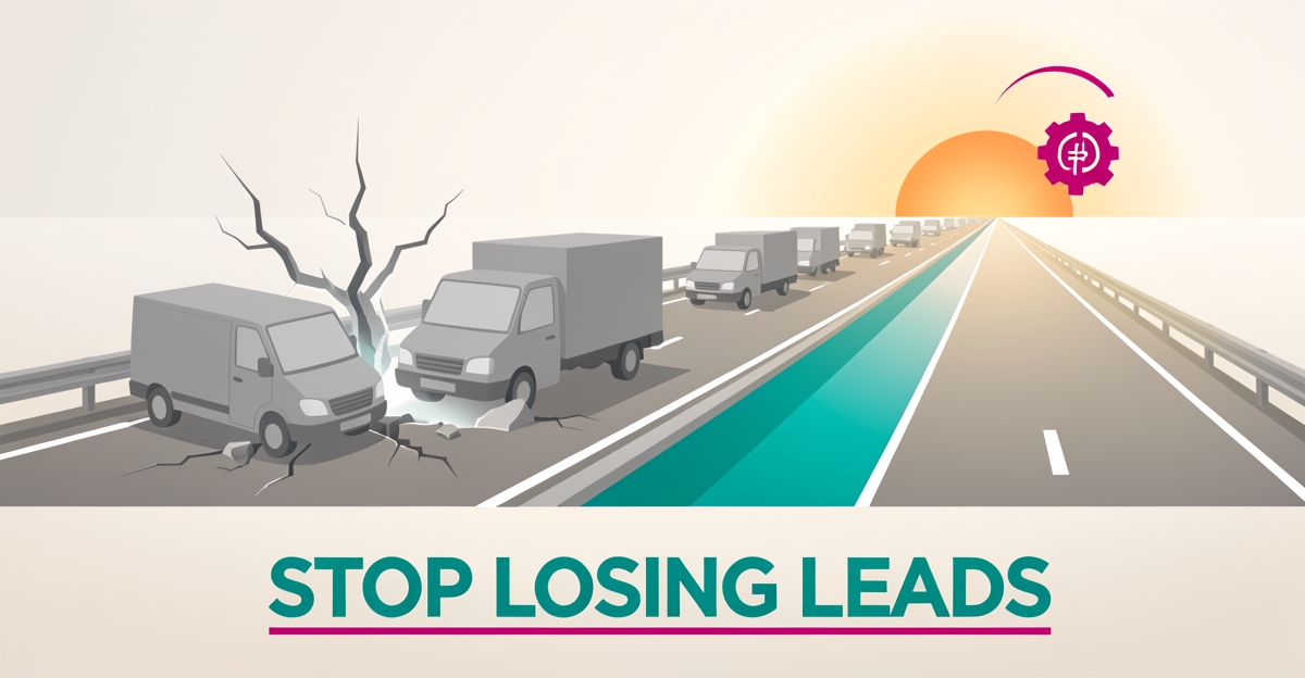 Flat illustration of a stalled fleet truck on a crumbling road with a smooth highway ahead, headline reading Stop Losing Leads.