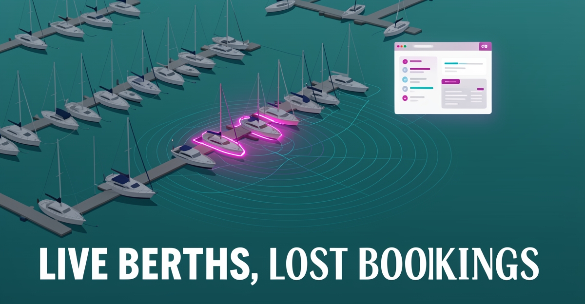 Flat illustration of a marina with one glowing berth highlighted by digital data lines, symbolizing real-time berth availability.
