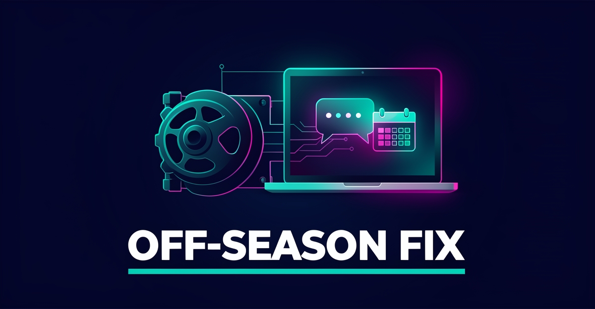 Flat illustration of a boat engine and laptop with AI chat and scheduling icons in teal and magenta, headlined Off-Season Fix.