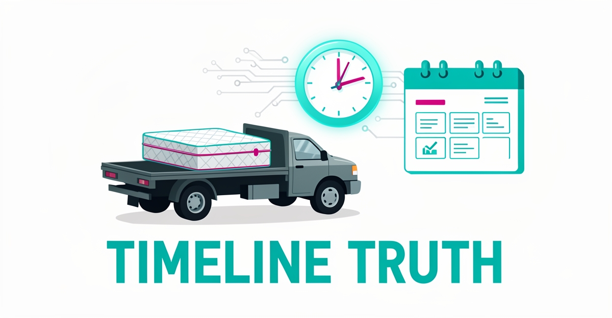 Flat illustration of a mattress on a pickup truck beside a glowing clock and AI scheduling motif, with headline Timeline Truth.