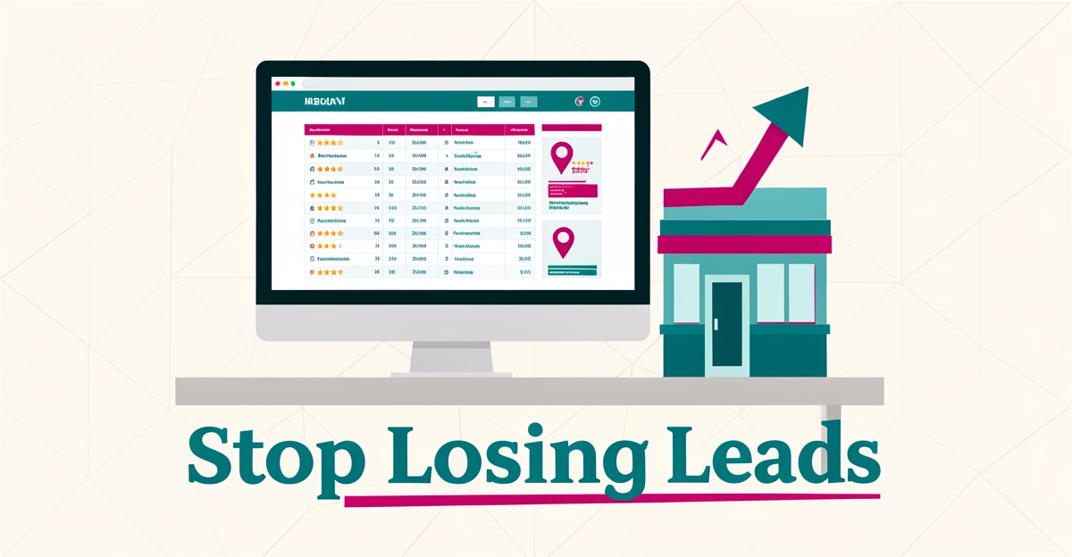 Flat illustration of a desktop showing an optimized butcher service page with reviews and location pin, headline Stop Losing Leads.