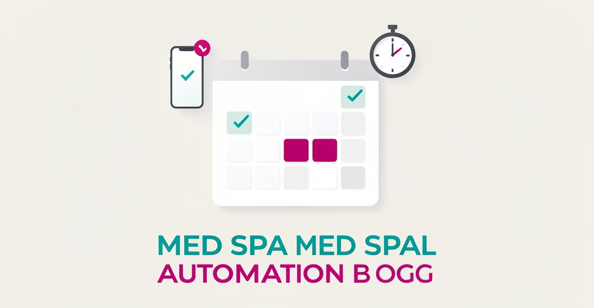 Flat illustration of a med spa appointment calendar with automated reminder and follow-up icons in teal and magenta, headline reading Stop the No-Shows.