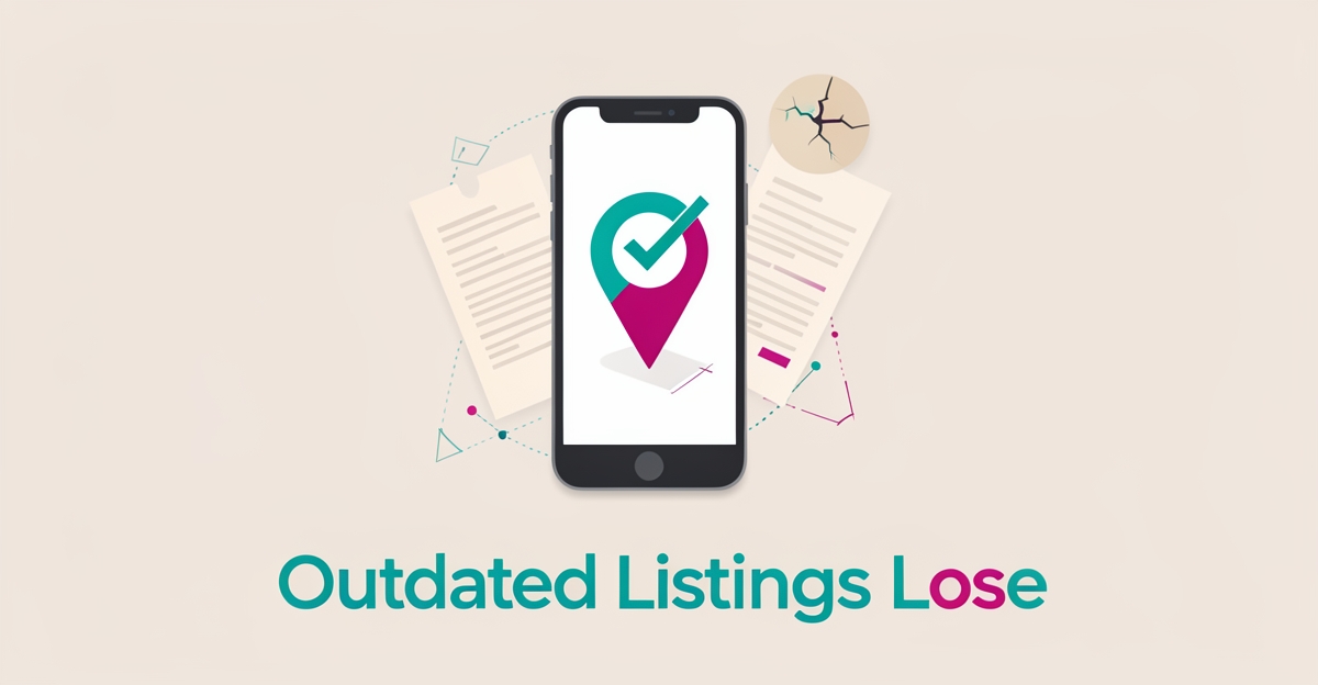 Flat illustration of a smartphone map pin with checkmark beside faded outdated documents, symbolizing lost memory care leads from neglected Google listings.