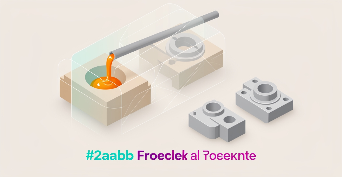 Flat illustration showing metal casting process transparency with digital interface and casting parts highlighted in teal and magenta accents.