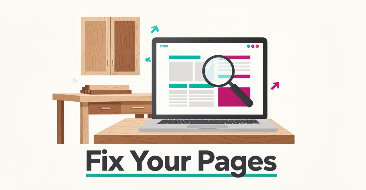 Flat illustration of a woodworking workbench beside a laptop showing a clean webpage wireframe, accented in teal and magenta with the headline Fix Your Pages.