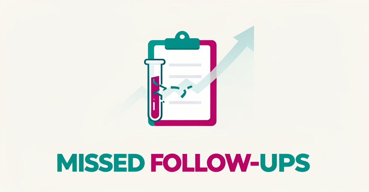 Flat illustration of a lab test tube and clipboard with a broken follow-up line, highlighting how missed lab follow-ups cost practices patients and revenue.