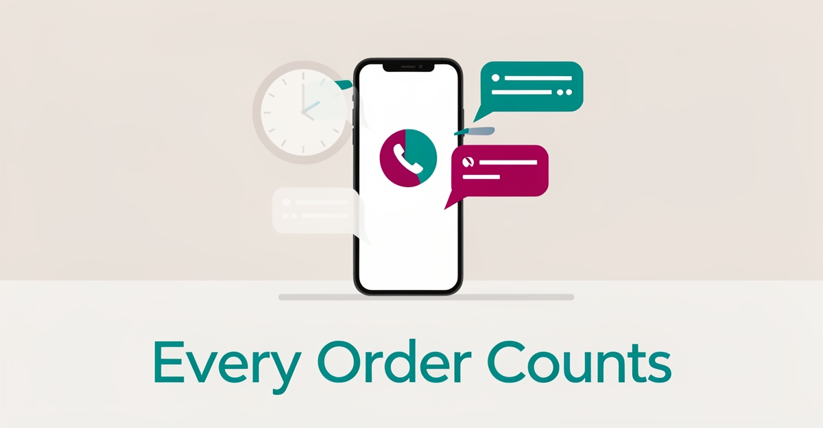 Flat illustration of a phone with missed call notifications fading away during lunch rush, headline reading Every Order Counts.