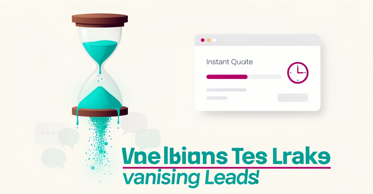 Flat illustration of an hourglass leaking glowing sand into fading chat bubbles beside an instant-quote dashboard, with headline 'Leads Vanish Fast'.