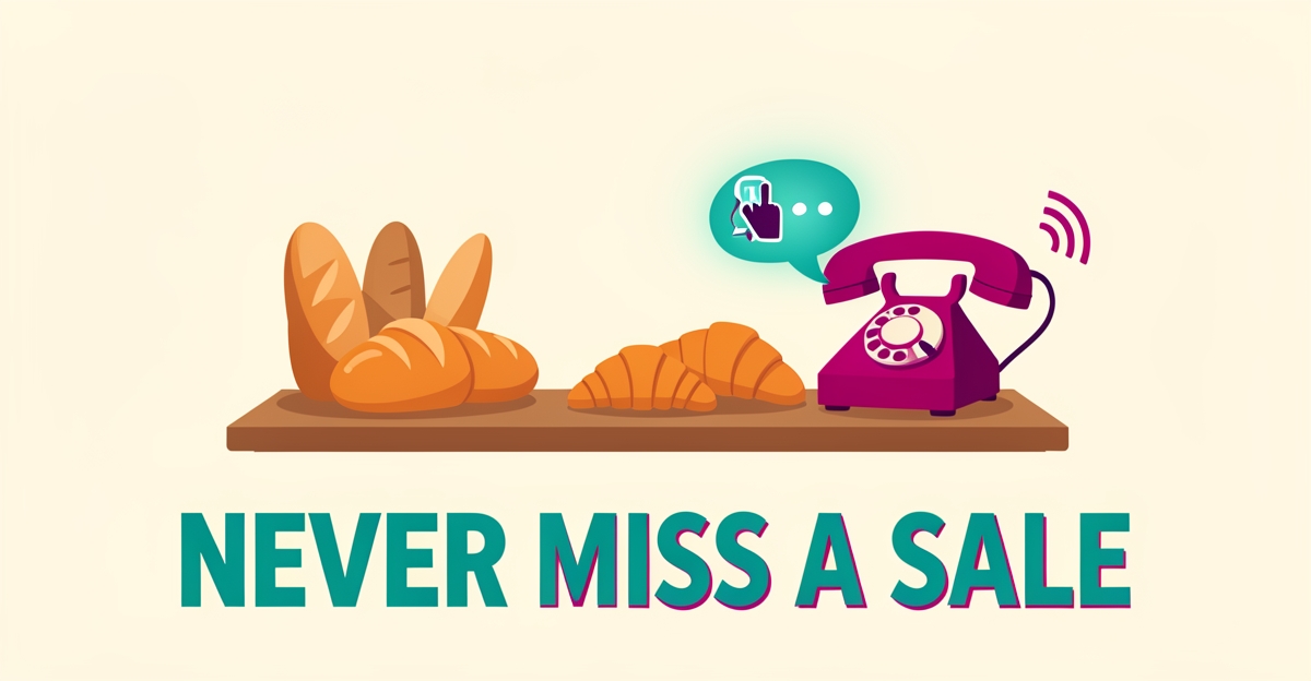 Flat illustration of a bakery counter with fresh bread and a ringing phone answered by an AI icon, with the headline Never Miss a Sale.
