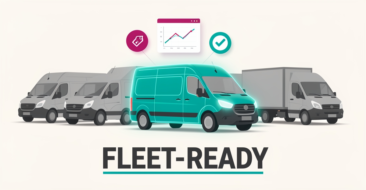 Flat illustration of a commercial van fleet with one teal-highlighted vehicle surrounded by dashboard and pricing icons, headlined Fleet-Ready.