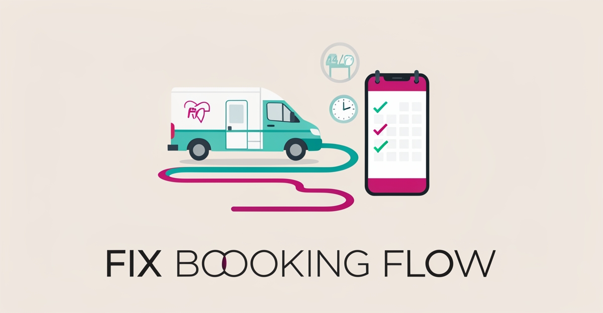 Flat illustration of a mobile dentistry van on a route beside a smartphone with a booking calendar, accented in teal and magenta.