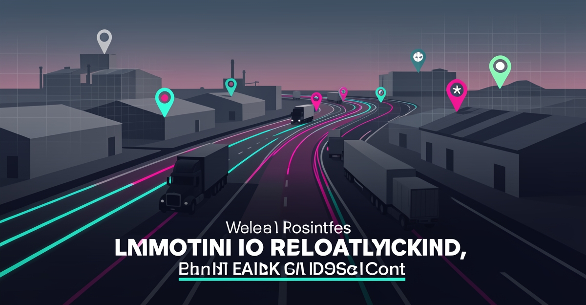 Flat illustration of a logistics corridor with trucks and glowing teal and magenta route markers, headlined 'Fleet Visibility Gap'.