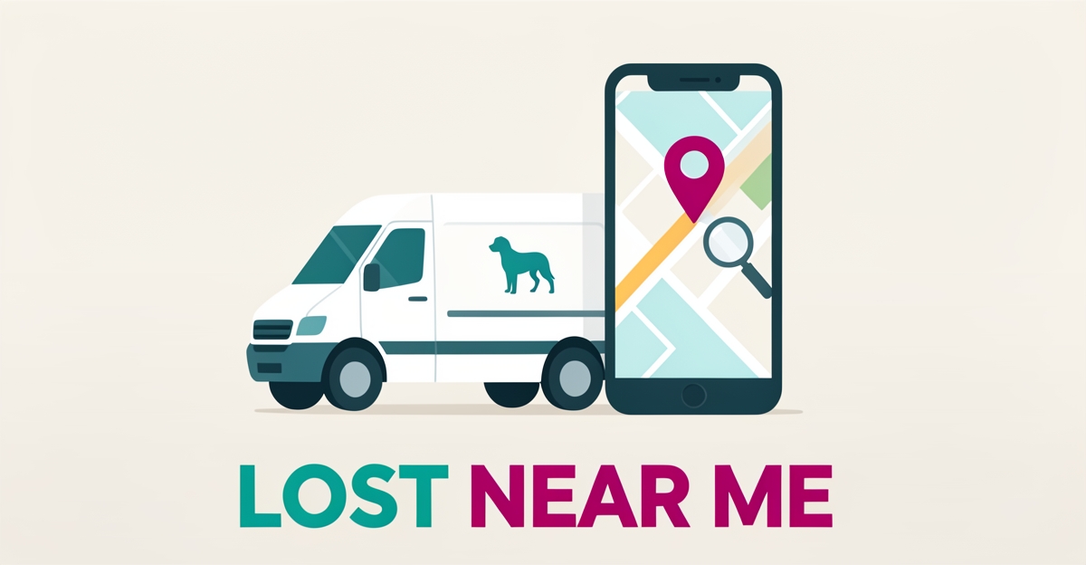 Flat illustration of a pet grooming van next to a smartphone map with a location pin, symbolizing lost local search visibility.