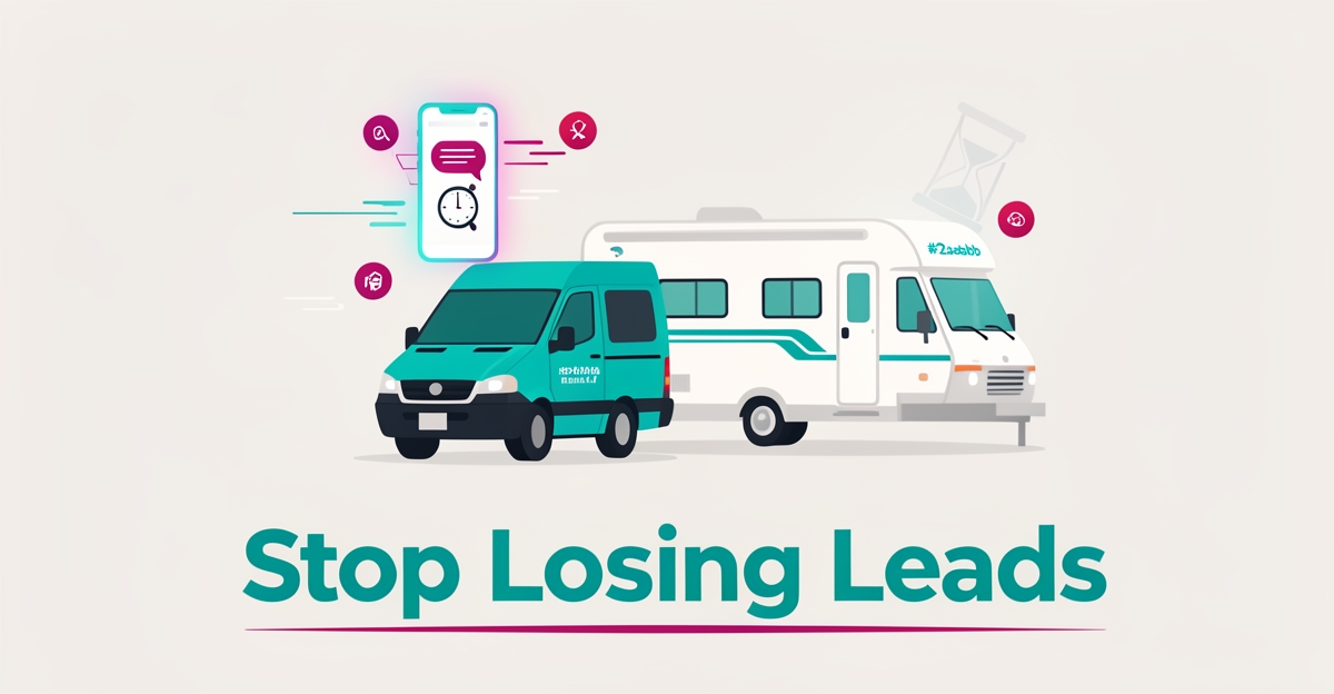 Flat illustration of an RV repair van and camper with a smartphone showing instant chat response, headline reading Stop Losing Leads.