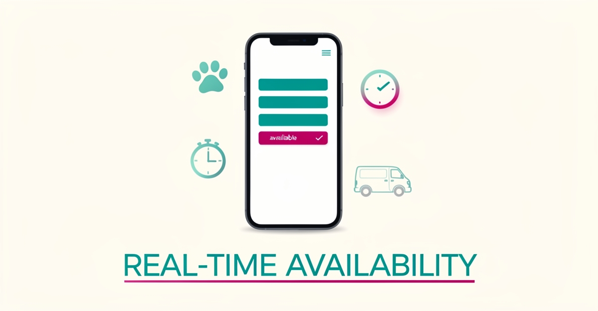 Flat illustration of a smartphone showing a real-time vet appointment calendar with teal and magenta accents, paw print, clock, and mobile vet van icons.