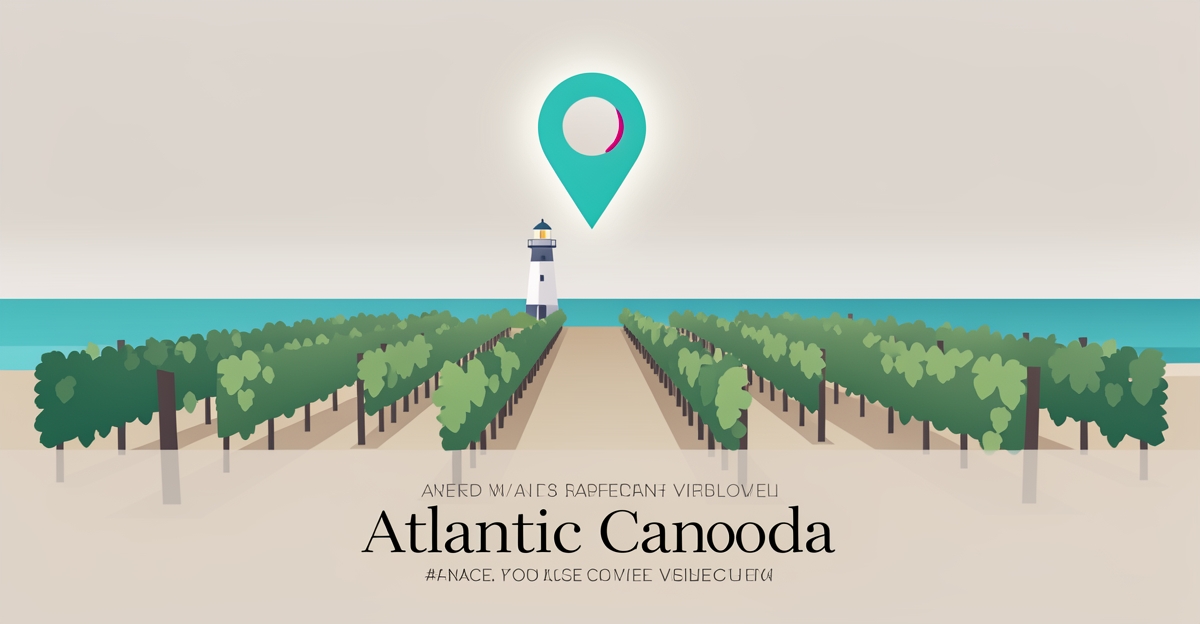 Flat illustration of an Atlantic Canadian vineyard with a glowing map pin, symbolizing local search visibility for wineries.