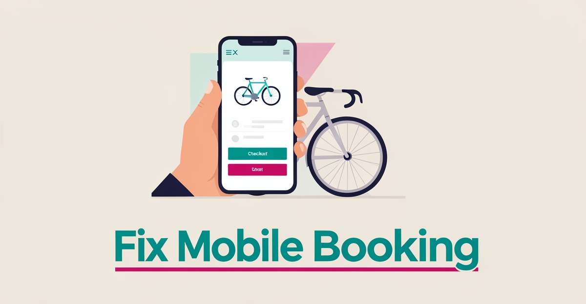 Flat illustration of a smartphone showing a bike rental booking screen next to a bicycle, with teal and magenta accents.