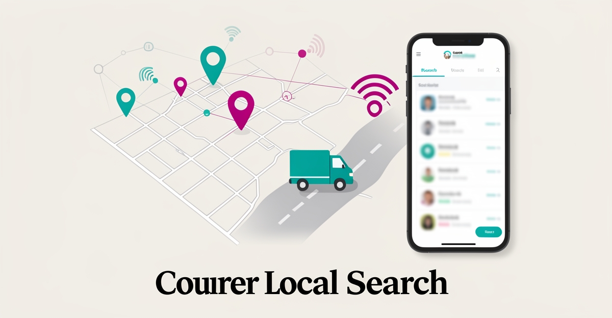 Flat illustration of a delivery van and fading map pins showing courier local search visibility problems with teal and magenta accents.