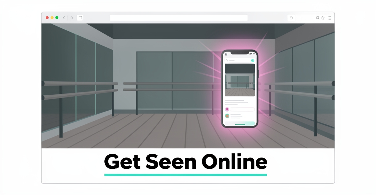 Flat illustration of a dance studio interior framed in a browser window with a glowing phone, symbolizing online visibility for dance studios.