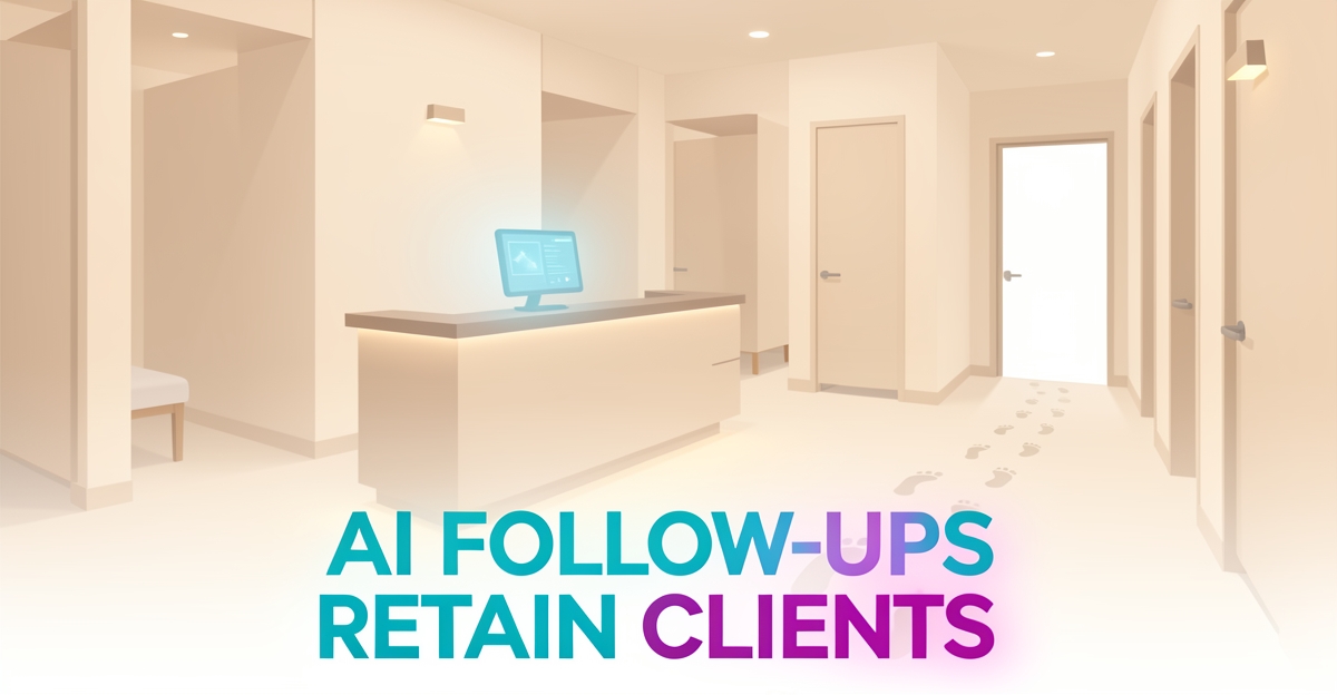 A minimalist flat illustration of a quiet day spa reception area with empty treatment rooms and fading footprints, symbolizing lost clients, overlaid with a modern headline about AI-powered follow-ups improving retention.