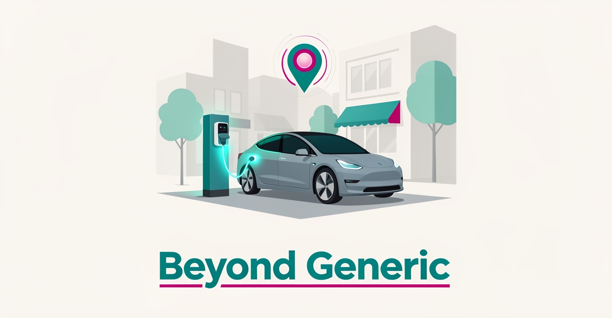 Flat illustration of an EV charging station with a glowing location pin and nearby shops, symbolizing local SEO for charging operators.