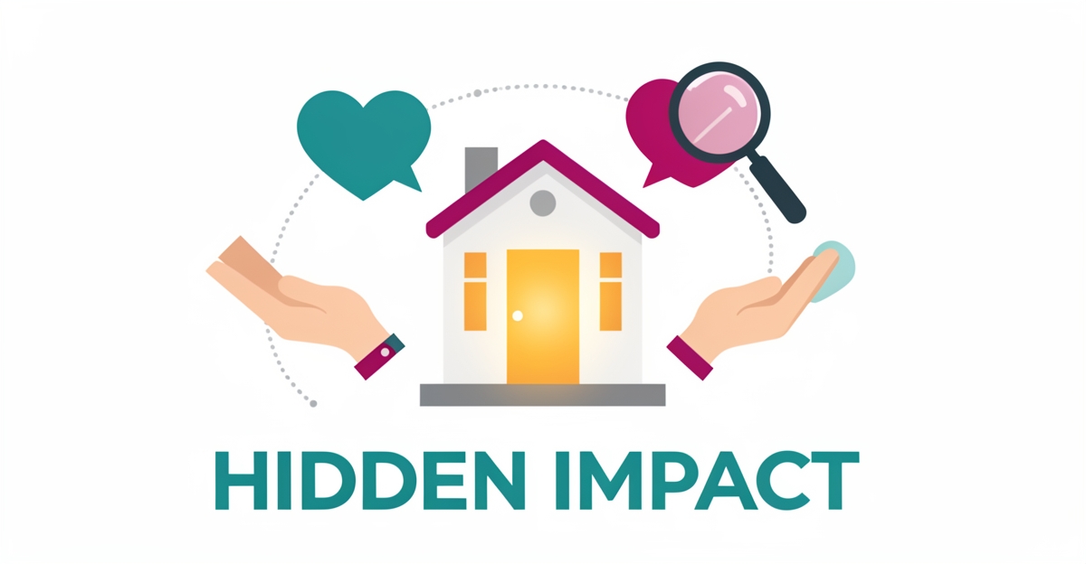 Flat illustration of a counseling center with community outreach symbols, highlighted by a magnifying glass in teal and magenta brand colors.
