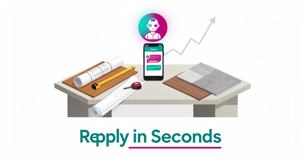 Flat illustration of contractor desk with AI chat icon on phone showing instant reply, chart trending up, teal and magenta accents.