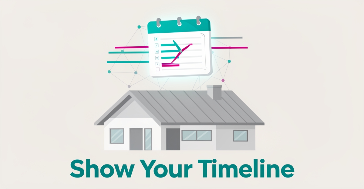 Flat illustration of a modern metal roof with a glowing AI-powered timeline clock, symbolizing transparent project scheduling, with headline 'Show Your Timeline'.
