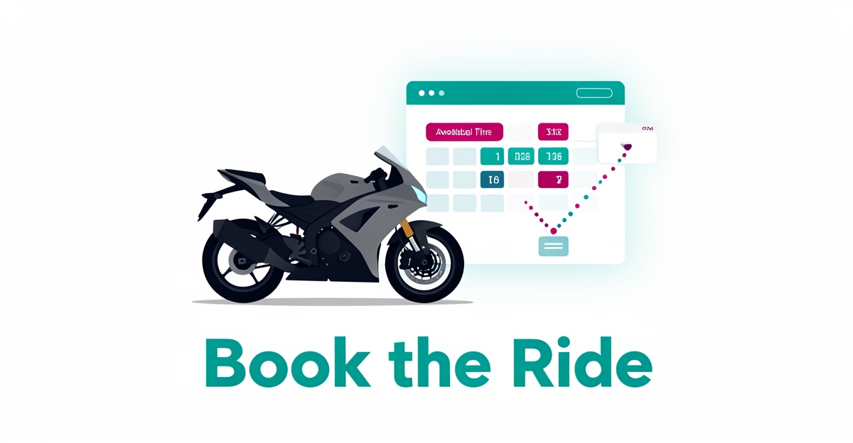 Flat illustration of a motorcycle beside a digital booking interface with teal and magenta accents, symbolizing online test ride scheduling.