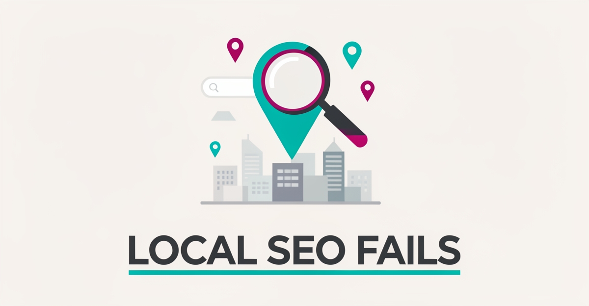 Flat illustration of a map pin and magnifying glass over a city skyline symbolizing local search, with headline Local SEO Fails.