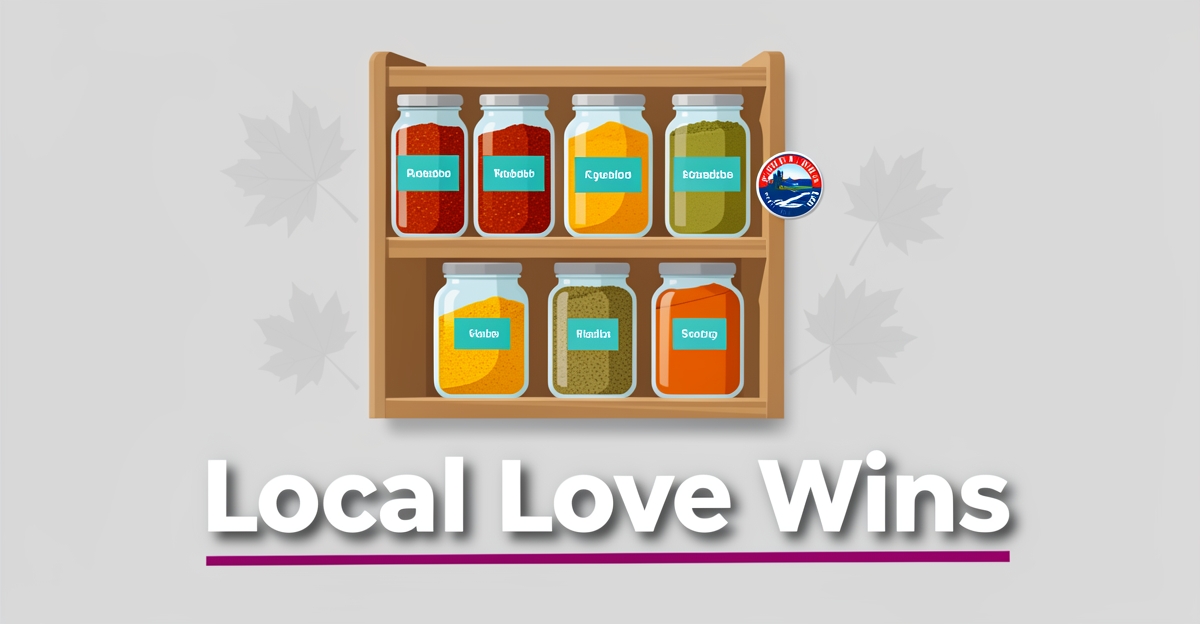 A minimalist flat illustration of a wooden spice rack with colorful jars and local Nova Scotia accents, featuring the headline 'Local Love Wins' in the lower third.