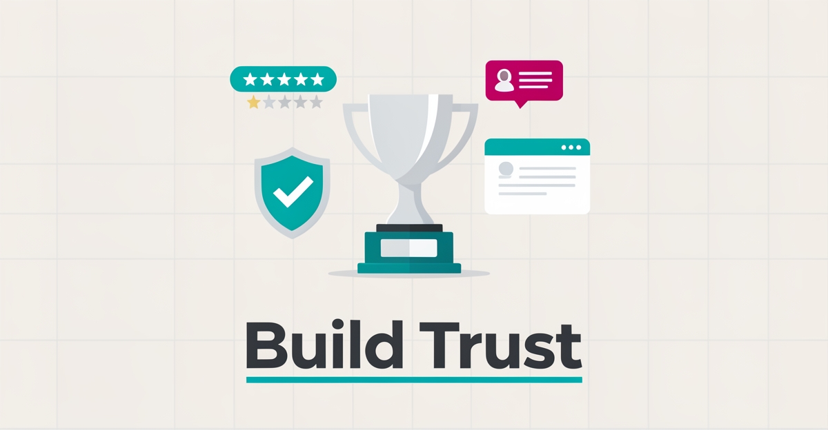 Flat illustration of a trophy on a pedestal surrounded by trust badges and a verified shield, symbolizing credibility for online trophy shops.