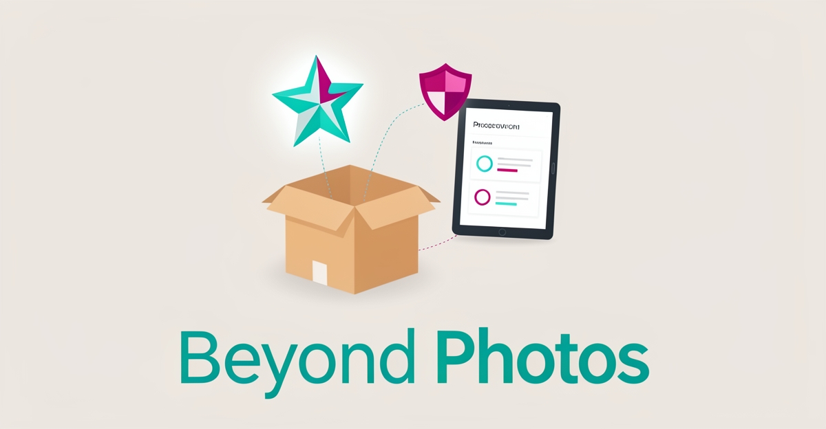 Flat illustration of a moving box with five-star review, tracking tablet, and trust shield icons in teal and magenta.