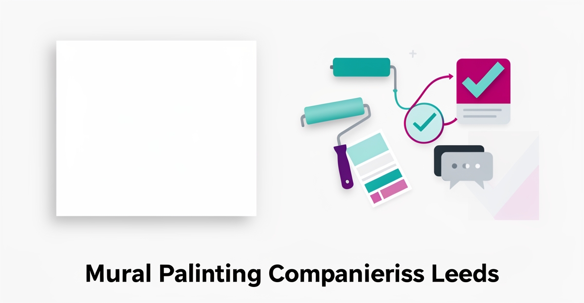 Flat illustration of a blank mural wall with paint swatches and automation icons showing lead follow-up conversion.