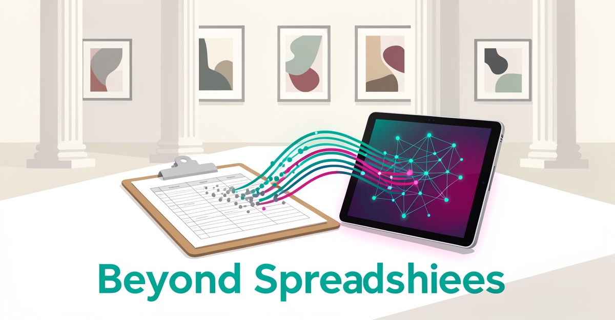 Flat illustration of a museum gallery with a paper spreadsheet transforming into AI-driven digital data on a tablet in teal and magenta.