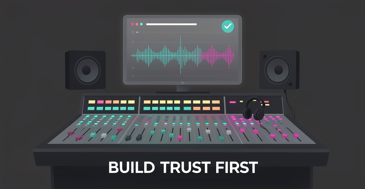 Flat illustration of a music studio mixing console with a transparent timeline overlay, accented in teal and magenta, with headline Build Trust First.