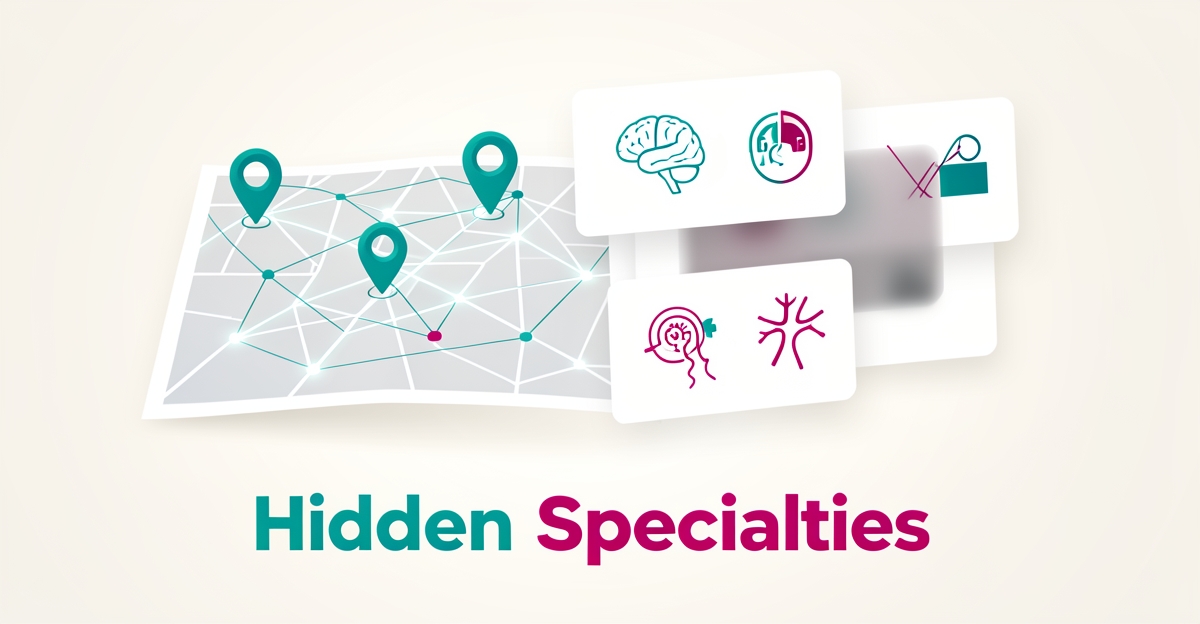 Flat illustration of a digital map with glowing location pins and medical specialty cards, some hidden, in teal and magenta brand colors.