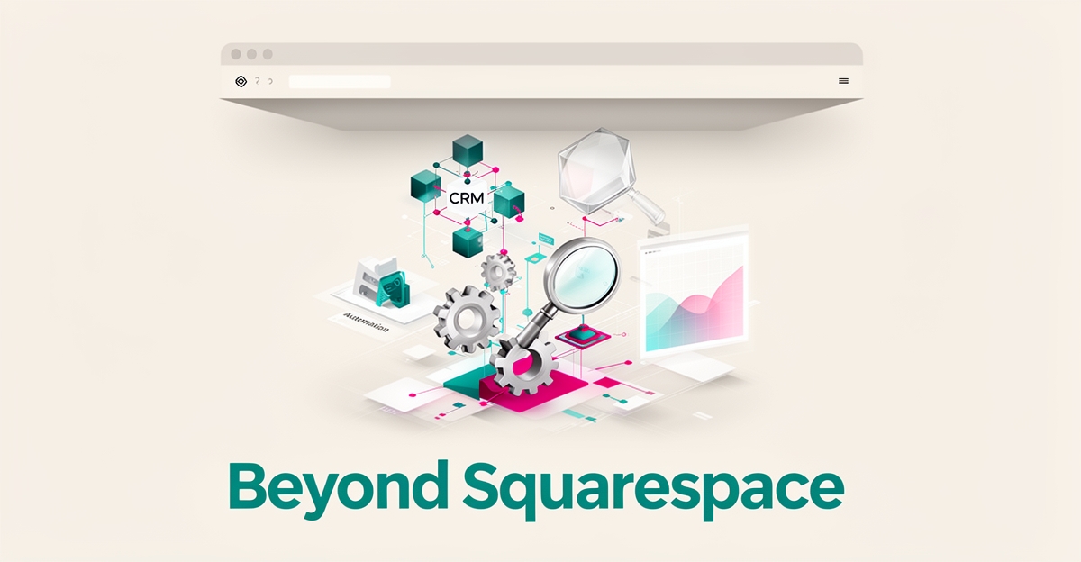Flat illustration of a simple website builder ceiling broken by a growing AI-powered business platform with CRM, automation, and SEO elements in teal and magenta.