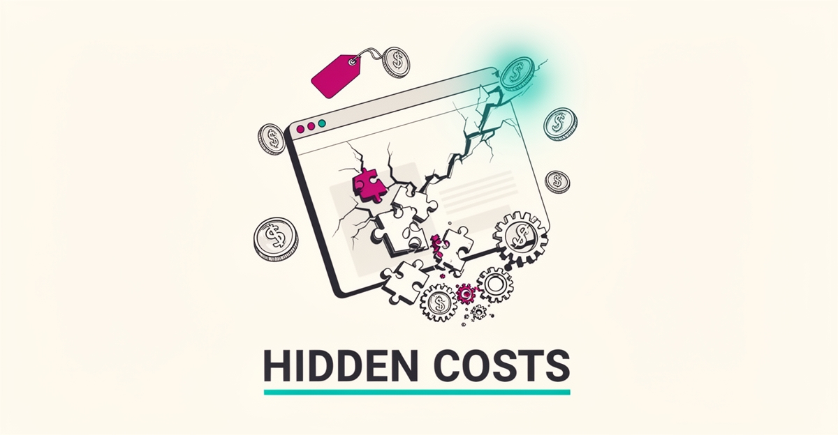 Flat illustration of a cracking website window shedding gears and coins, symbolizing hidden WordPress maintenance costs and security risks.