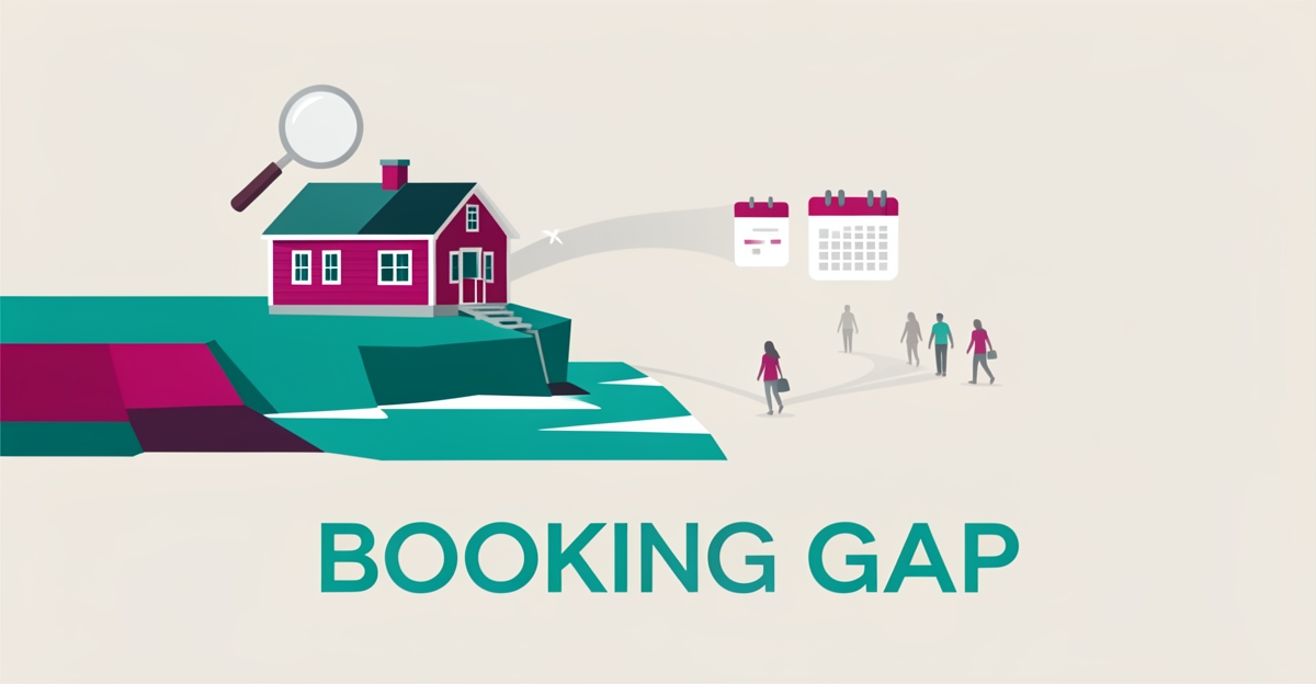 Flat illustration of a Nova Scotia coastal cabin with a magnifying glass and fading visitor funnel, highlighting the gap between views and bookings.