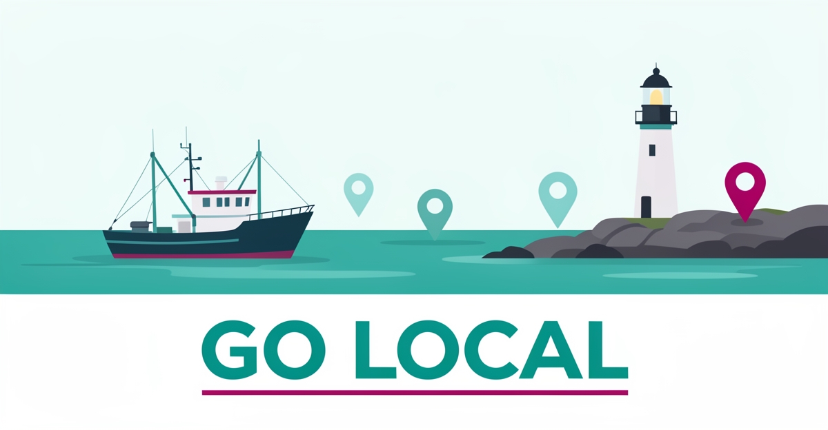 Flat illustration of a fishing boat near a Nova Scotia lighthouse with local map pins, accented in teal and magenta with the headline GO LOCAL.