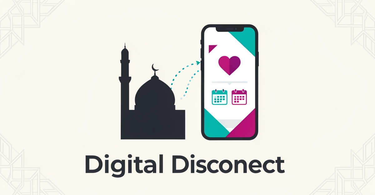 Flat illustration of a mosque disconnected from a smartphone donation screen, symbolizing missed online giving and event sign-ups.