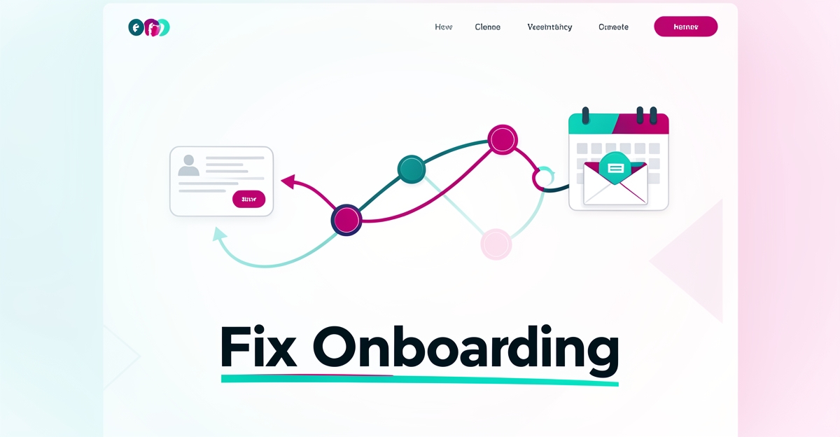 Flat illustration of a website onboarding flow connecting a sign-up form to emails and scheduling, accented in teal and magenta with the headline Fix Onboarding.